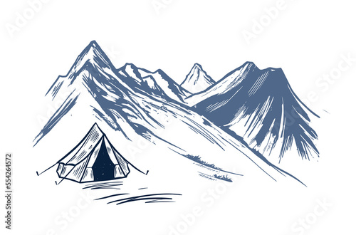 Camping in nature, mountains, hand drawn illustrations	
