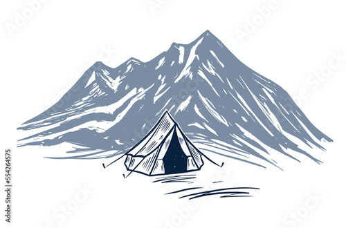Camping in nature, mountains, hand drawn illustrations	
