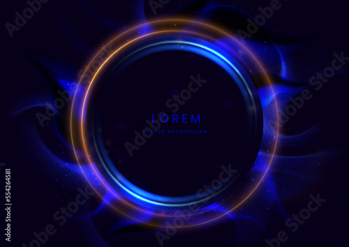 Blue circle frame luxury on dark blue background with flame lighting effect and sparkle.