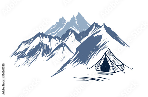 Camping in nature, mountains, hand drawn illustrations	
