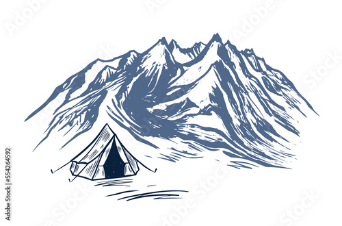 Camping in nature, mountains, hand drawn illustrations 