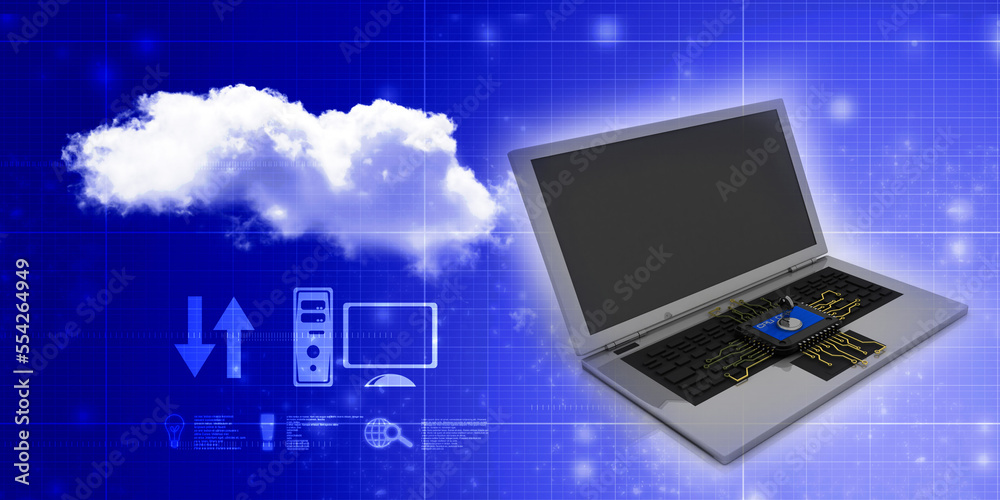 3d render Laptop computer with microchips
