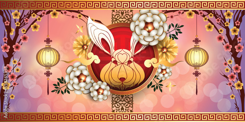 Abstract Chinese new year 2023 with Geometric Rabbit and Traditional Chinese Wording. The meanings are Lucky and Happy. Year of Rabbit That is the one of Chinese Zodiac. Vector and Illustration,  EPS.
