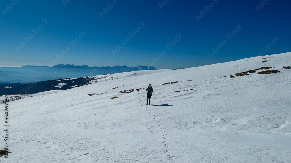 Woman hiking in snow covered landscape near Ladinger Spitz, Saualpe, Lavanttal Alps, Carinthia, Austria, Europe. Trekking in Austrian Alps in winter on a sunny day. Ski touring and snow shoe tourism