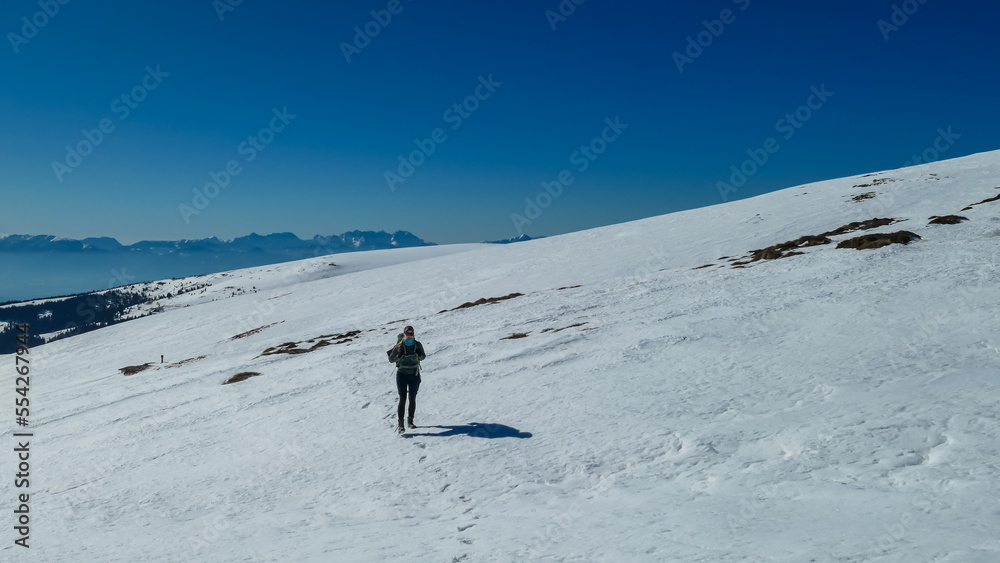 Woman hiking in snow covered landscape near Ladinger Spitz, Saualpe, Lavanttal Alps, Carinthia, Austria, Europe. Trekking in Austrian Alps in winter on a sunny day. Ski touring and snow shoe tourism