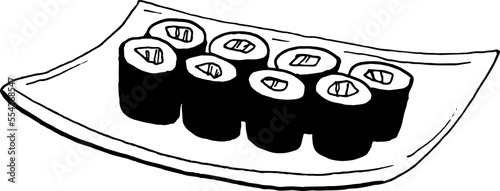Doodle asian food ilustration maki sushi rolls set on the plate hand drawn clipart