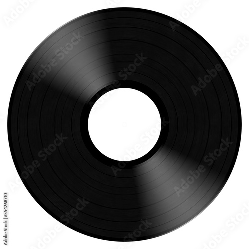 Isolated vintage black long play LP vinyl records with blank white label. Retro 60s, 70s or 80s music media graphic, DJ disc jockey or recording industry background with copy space. 3D rendering. photo