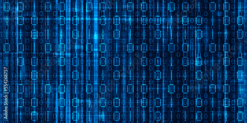 Seamless abstract binary code computer programming, big data or cyber concept background. Glowing digital signboard backdrop pattern with flowing zeros and ones in high tech neon blue light streaks..