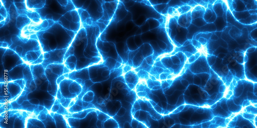 Seamless dark blue background with electric glowing lightning flares effect. Tileable magical neon energy field burst or plasma storm pattern. Power and electricity concept backdrop..