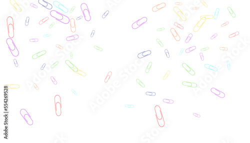 Paper clips are scattered on a white background. Decorative element. Background for design, school and office supplies
