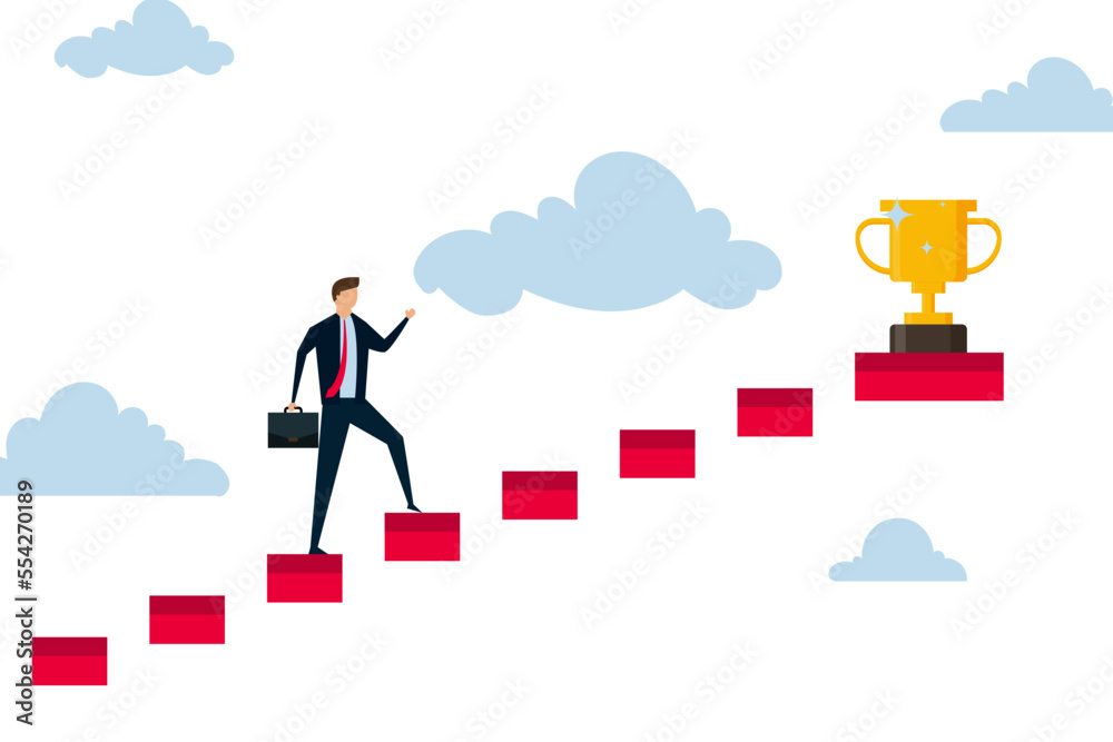 Success in business, successful businessman step up on wooden stairs to reach winner achievement trophy on top of the stair case. Success in business, successful businessman step up on wooden stairs to reach winner achievement trophy on top of the stair case.