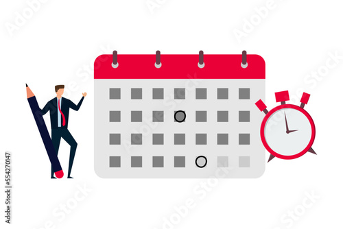 Schedule business appointment, businessman using pencil to mark important appointment date on calendar with alarm clock.