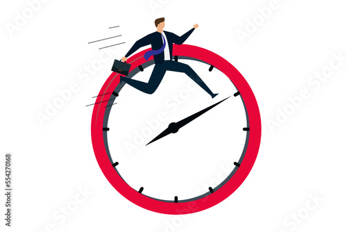 Work efficiency, businessman holding suitcase jumping on clock hands metaphor of time management