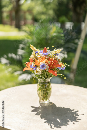 Colorful and tropical floral arrangement