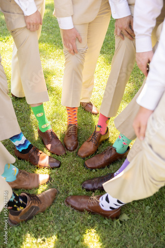 Groomsmen fun, silly and colorful socks on a wedding day