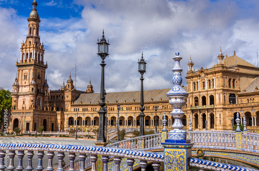 Nobody walking near fountain at the Spain Square Plaza de Espana in Seville city, Andalusia, Spain. Example of Moorish and Renaissance revival