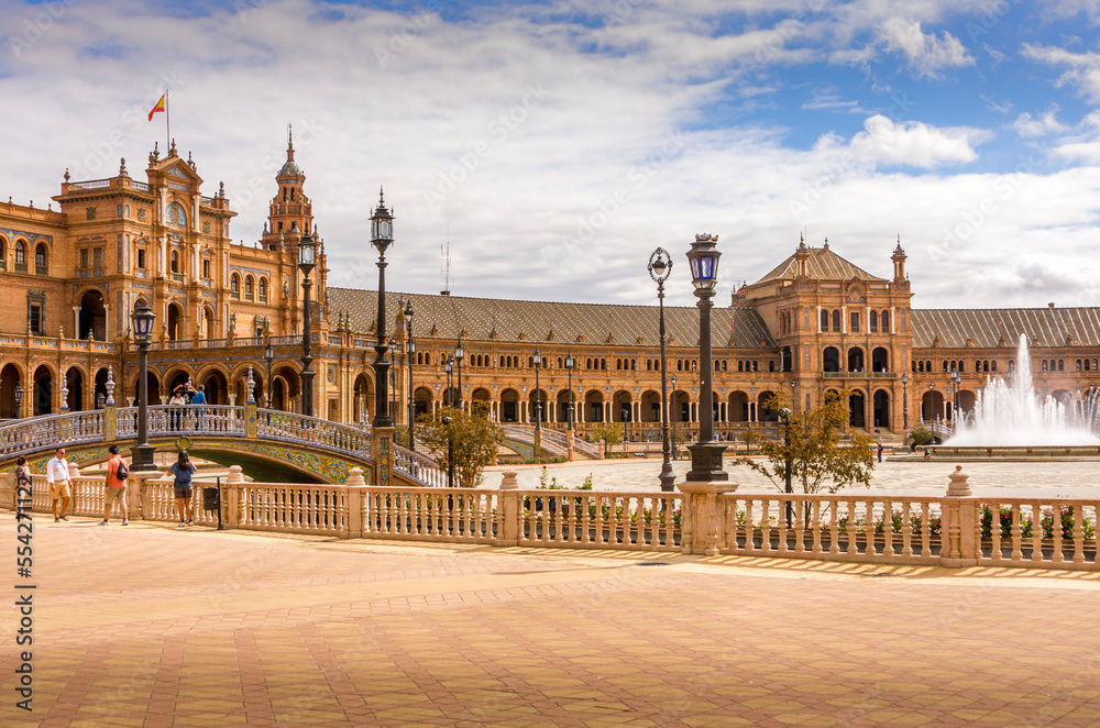 Nobody walking near fountain at the Spain Square Plaza de Espana in Seville city, Andalusia, Spain. Example of Moorish and Renaissance revival