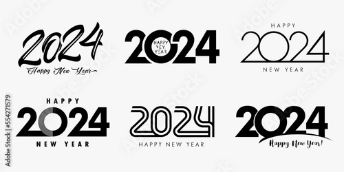 Big Set of 2024 Happy New Year black logo text design. Creative collection of 2024 New Year symbols. 2024 number design template. Vector illustration in black colors isolated on white background