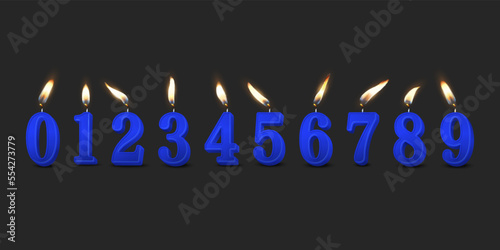 Vector 3d Realistic Paraffin or Wax Burning Blue Birthday Party Candles, Numbers and Different Flame of a Candle Icon Set Isolated. Design Template, Clipart, Birthday Concept. Front View