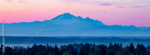 Snow-covered Mount Baker at sunset, viewed from British Columbia; British Columbia, Canada photo