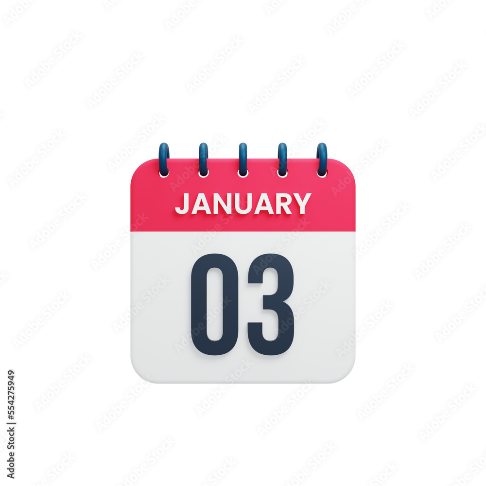 January Realistic Calendar Icon 3D Illustration Date January 03 January Realistic Calendar Icon 3D Illustration Date January 03
