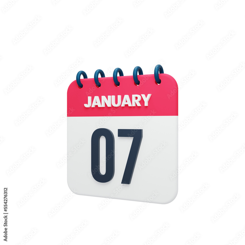 January Realistic Calendar Icon 3D Illustration Date January 07 January Realistic Calendar Icon 3D Illustration Date January 07