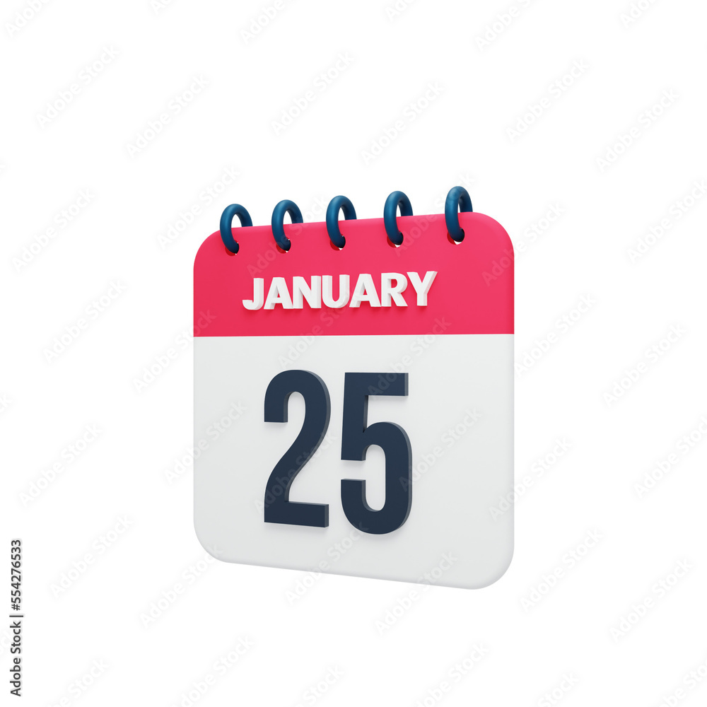 January Realistic Calendar Icon 3D Illustration Date January 25 January Realistic Calendar Icon 3D Illustration Date January 25