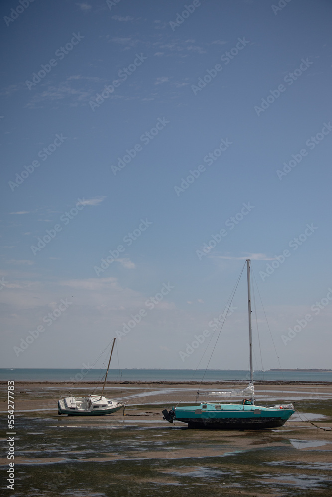 Old boats and sailing ships lying in the mud at low tide in the Atlantic Ocean near the Ile de Ré Old boats and sailing ships lying in the mud at low tide in the Atlantic Ocean near the Ile de Ré