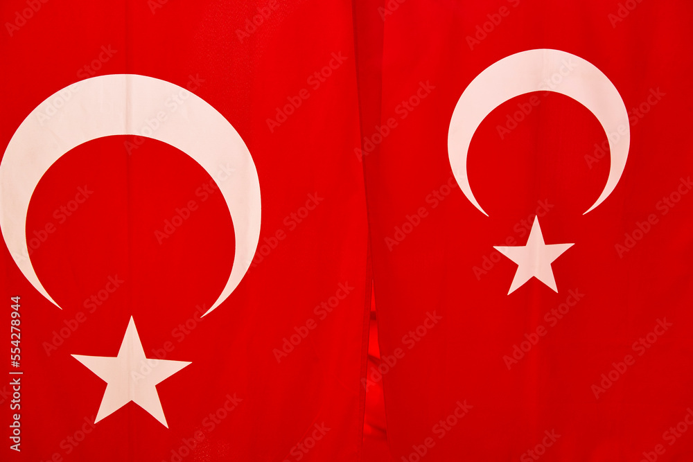 Obraz premium Turkish flags waving on vertical. Turkey national identity emblem