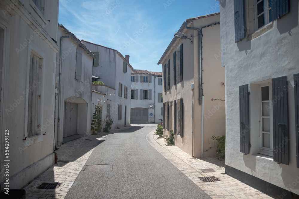 Sunny summer street in Ars en Ré on the Ile de Ré with white, pure and colourful buildings 