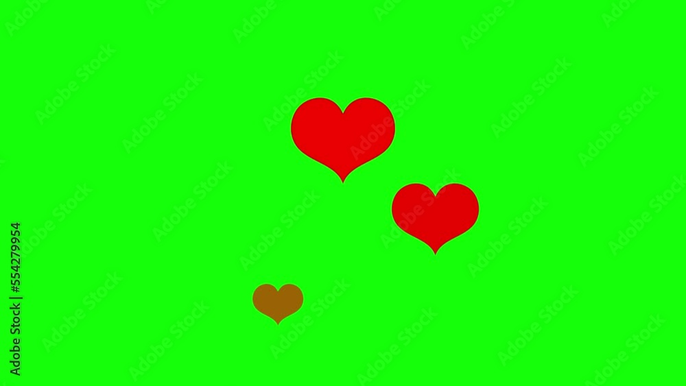 Motion graphics animation of movement of heart icons. Red hearts rise up and disappear on a green chromakey background. Motion graphics animation of movement of heart icons. Red hearts rise up and disappear on a green chromakey background.