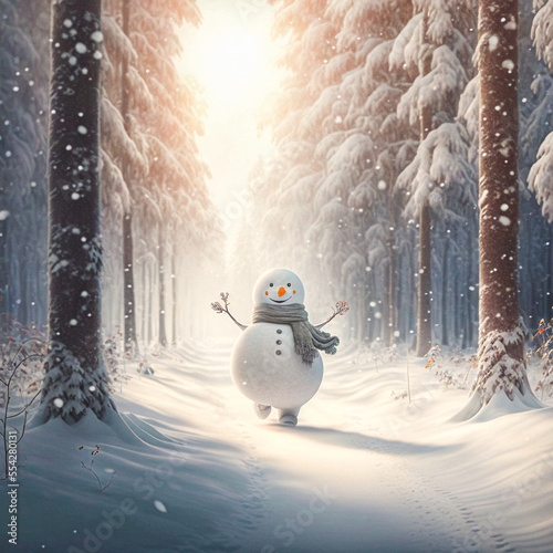 Obraz na płótnie A funny snowman walking in a beautiful winter forest environment