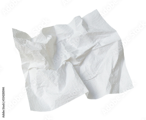 Single screwed, wrinkled or crumpled tissue paper or napkin in strange shape after use in toilet or restroom isolated on white background with clipping path in png file format