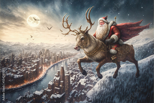 Santa claus on a reindeer flying above a winter city