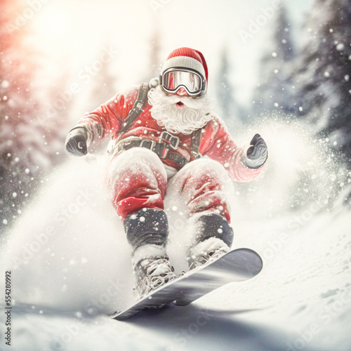 Snowboarding santa clause having fun in a winter forest