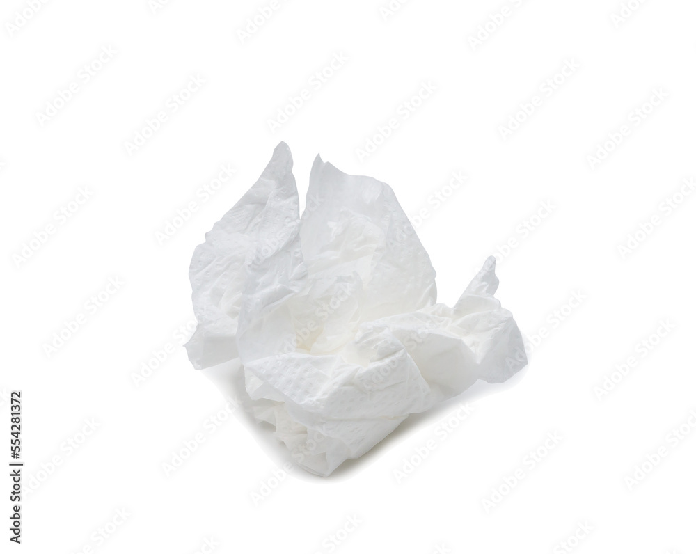 Single screwed or crumpled tissue paper or napkin like ball shape after use isolated on white background with clipping path in png file format