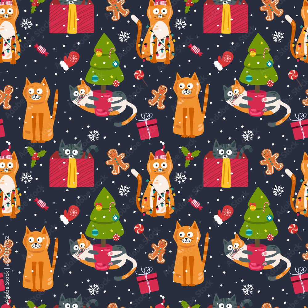 Fototapeta premium Cats for the new year. Seamless pattern, vector illustration