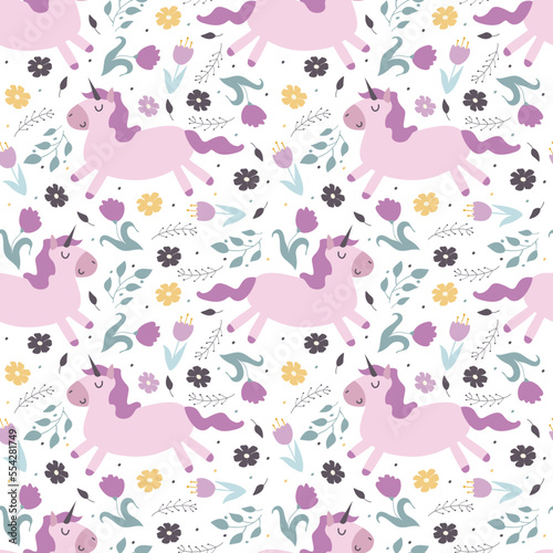 Unicorn and flowers. Seamless pattern, vector illustration