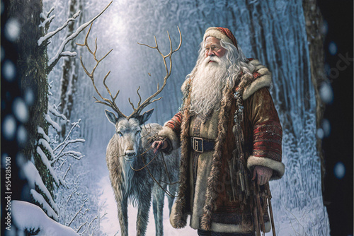 Santa claus tending to his reindeer in a winter forest environment