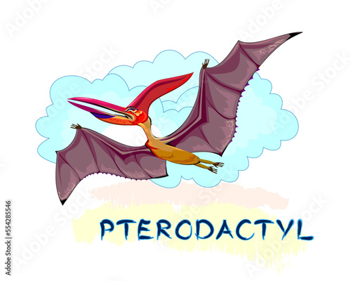 Illustration of flying pterodactyl. Prehistoric extinct dinosaur. Jurassic world animals. Isolated drawing. Print for fabric, kids clothes, embroidery, wallpaper. Flat cartoon vector.