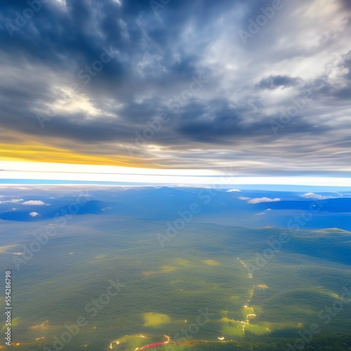 Aerial sunset view over the Blue Ridge Mountains from the cockpit of a private aircraft. Sky with clouds. Sky background.ai generator