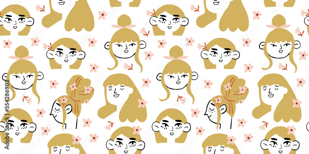 Vector seamless pattern with romantic girls with blond hair. Spring girls characters with blue flowers on white background. Vector illustration Vector seamless pattern with romantic girls with blond hair. Spring girls characters with blue flowers on white background. Vector illustration