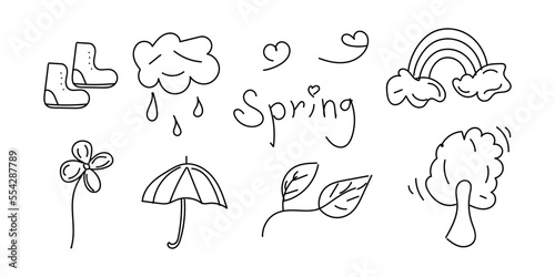 Hand drawn Spring doodle set. Collection spring with black lettering. Doodle hand drawn illustration, vector eps10