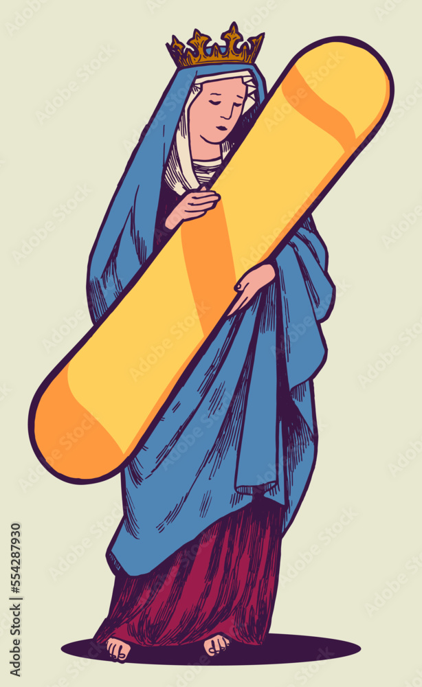 Virgin Mary with snowboard. Catholic Virgin Mary of Guadalupe holding