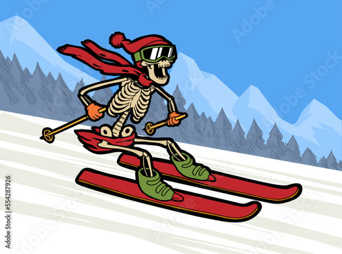 Skeleton skiing. Skeleton in hat and scarf riding skis downhill smiling. Winter sports character vector illustration.