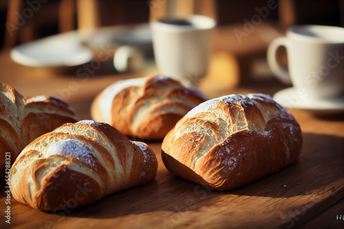 Morning or afternoon bread and coffee time, warm sunshine from the window, relaxing and peaceful vibes, positive energy.