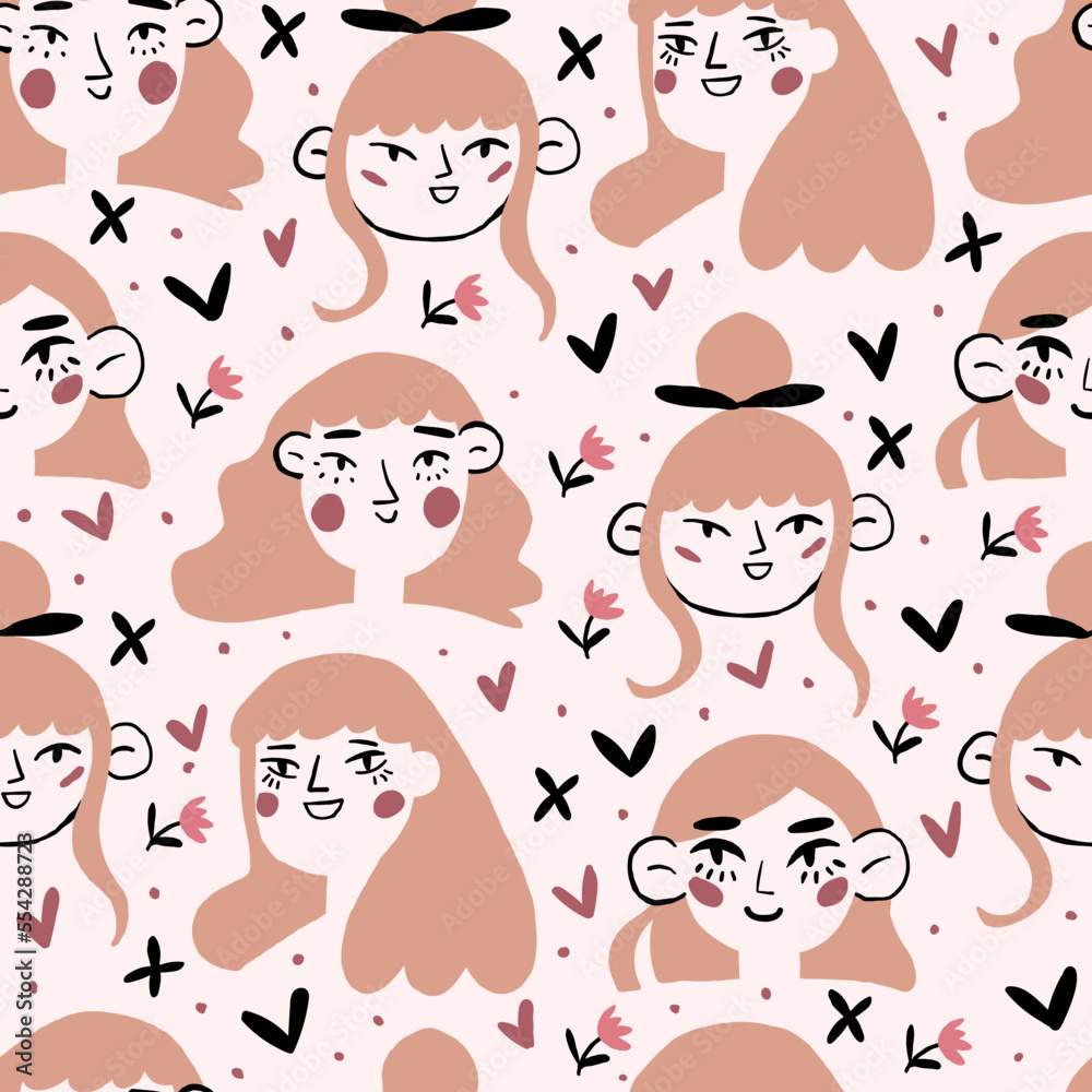 Vector seamless pattern with blond girls faces and flower in head on beige background. Romantic girl portrait pattern. . Vector illustration Vector seamless pattern with blond girls faces and flower in head on beige background. Romantic girl portrait pattern. . Vector illustration