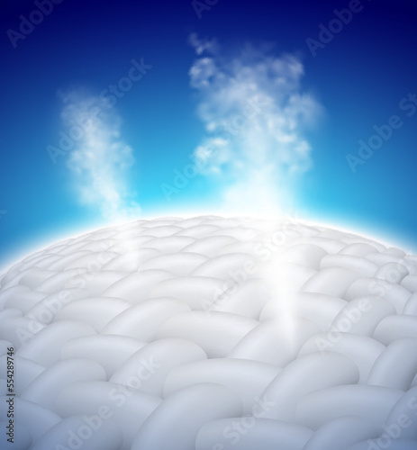 Steam sprays from the fabric fibers. Advertise a steam iron or a breathable shirt and diapers for children and adults. Realistic EPS file.