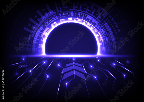 abstract circle hi tech glow There is a space in the middle with laser light and perspective electronic circuits There is a bright light on the line with the element. blue gradient background