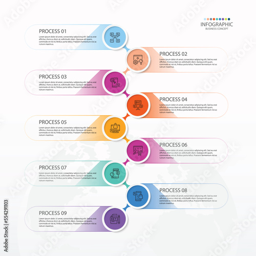 Process infographic with 9 steps, process or options.